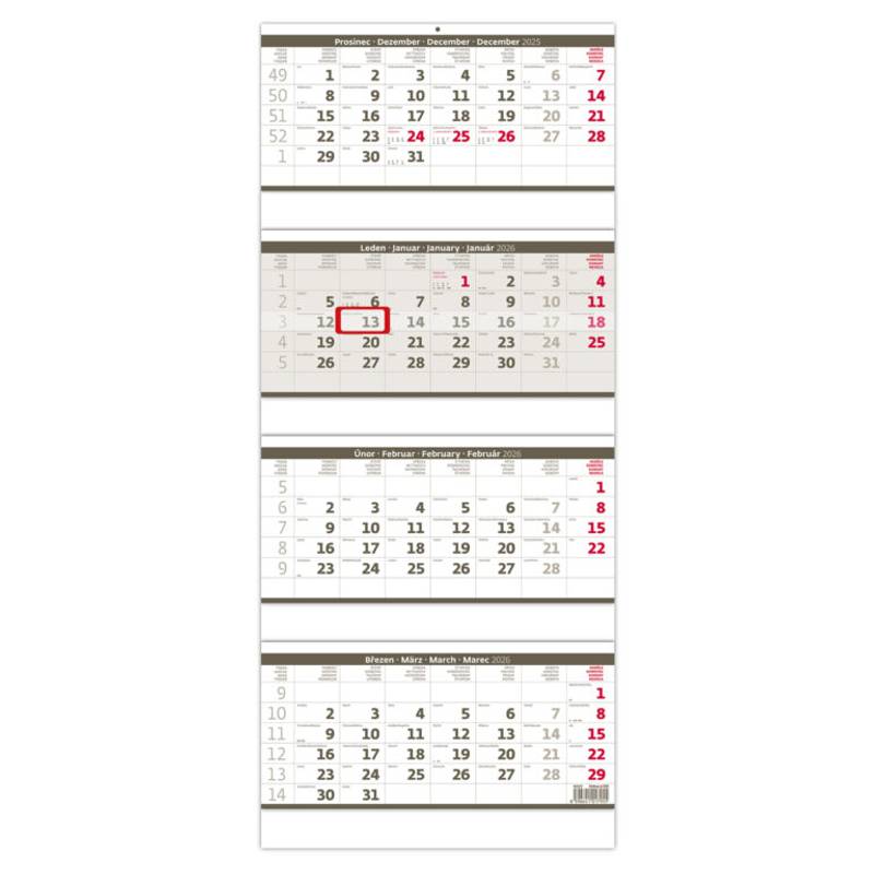 Štvormesačný kalendár skladaný šedý, 2026 Štvormesačný kalendár skladaný šedý, 2026