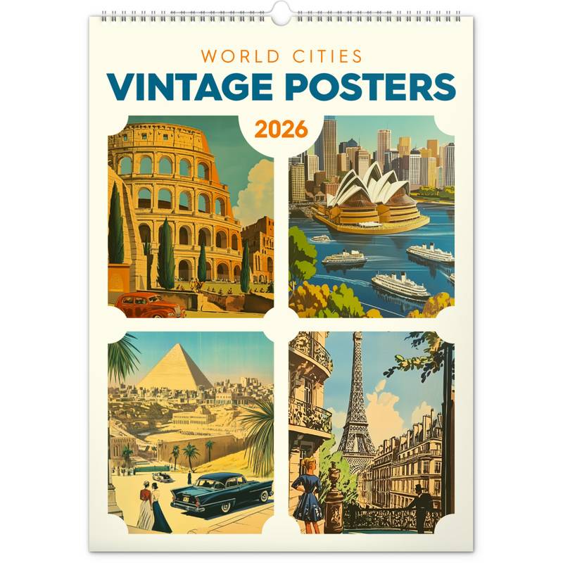 NOTIQUE Nástěnný kalendář Vintage plakáty - světová města 2026, 33 x 46 cm NOTIQUE Nástěnný kalendář Vintage plakáty - světová města 2026, 33 x 46 cm