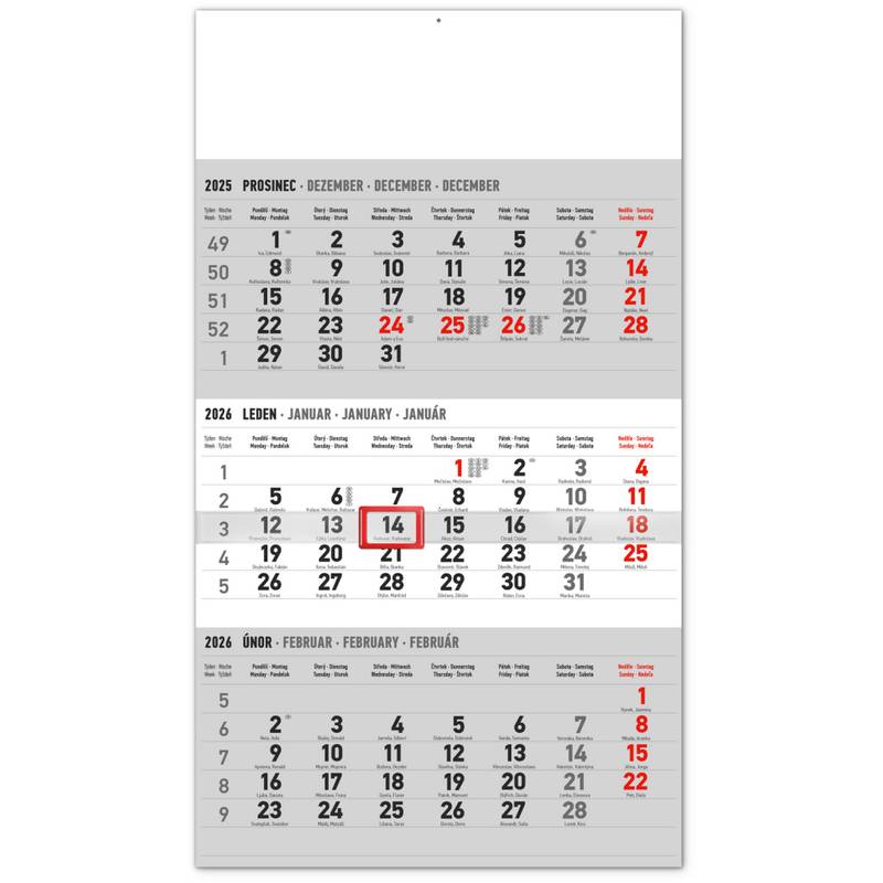 NOTIQUE Nástěnný kalendář 3měsíční standard šedý – s českými jmény CZ 2026, 29,5 x 43 cm NOTIQUE Nástěnný kalendář 3měsíční standard šedý – s českými jmény CZ 2026, 29,5 x 43 cm