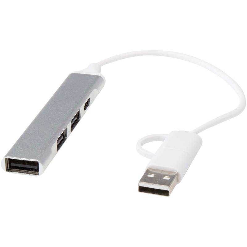 Alkaid 4portový USB-A a Type-C hub z recykl. hliníku s duálním vstupem, šedá Silver Alkaid 4portový USB-A a Type-C hub z recykl. hliníku s duálním vstupem, šedá Silver