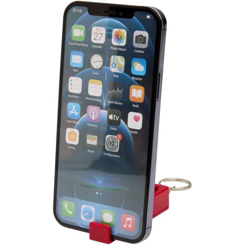 Aggia bambusový stojan na telefón s antistresovou hračkou z recykl. plastu, červená, červená Aggia bambusový stojan na telefón s antistresovou hračkou z recykl. plastu, červená, červená